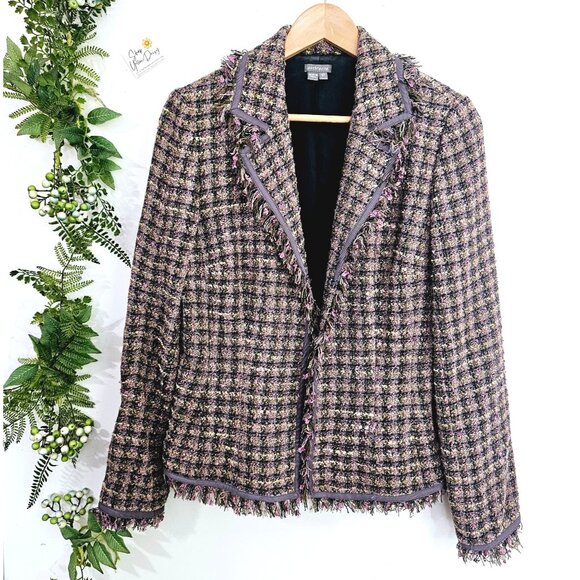 Anthracite Tweed Womens Jacket Sz 10 Black Pink Fringed Edges Hook Closure《896》J - Picture 1 of 7